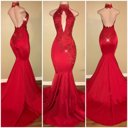 Elegant Halter Mermaid Prom Dress UK Long With Lace Appliques BA7768