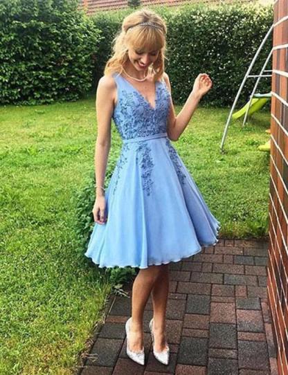Modern A-Line Appliques V-Neck Tulle Sleeveless Short length Prom Dress UK UK