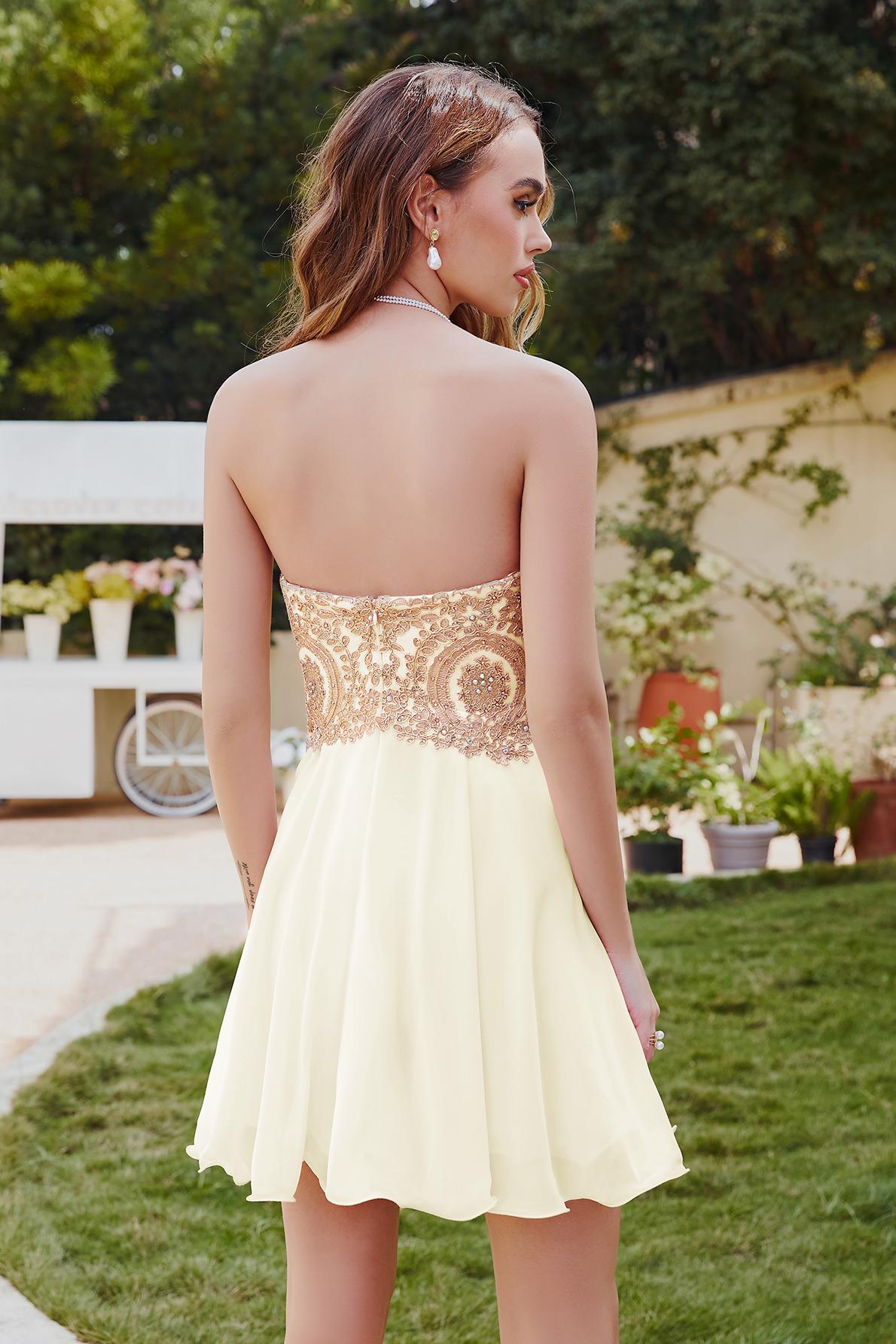 Cute Sweetheart Ruched Chiffon Mini Dress Gold Appliques Aline Short Homecoming Dress
