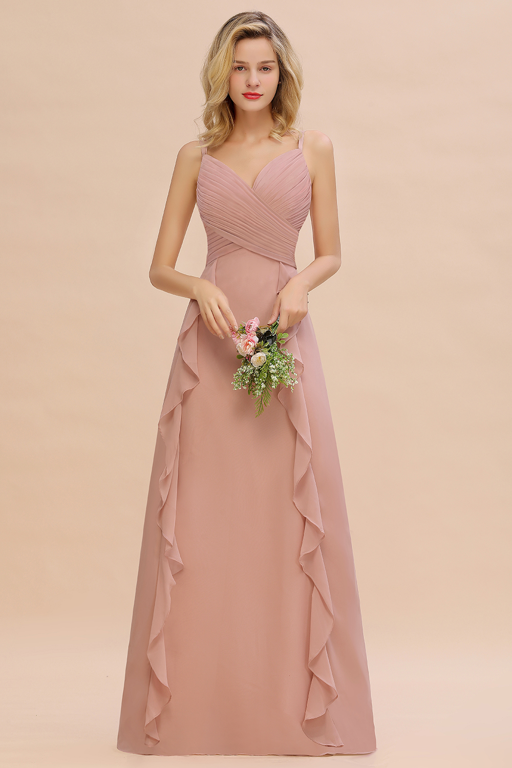 Elegant Ruched Chiffon Dusty Pink Bridesmaid Dress