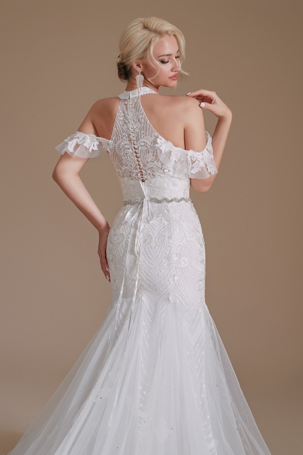 Charming Halter Mermaid Bridal Dress Off-the-Shoulder White Wedding Dress