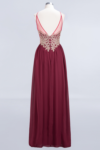 Sexy A-line Flowy Spaghetti-Straps Sleeveless Backless Floor-Length Bridesmaid Dress UK with Appliques