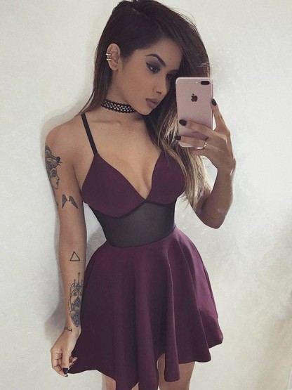 A-Line V-Neck Homecoming Dress UKes UK | Elegant Spaghetti Straps Short Cocktail Dress UK