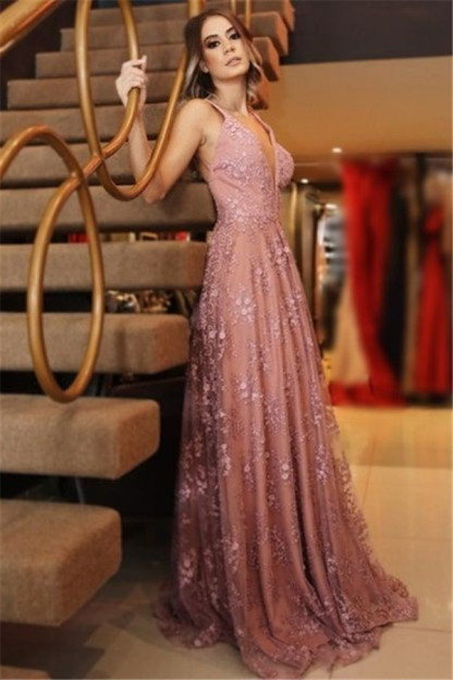 Sexy Pink Lace Appliques Elegant V-Neck Prom Dress UKes UK Backless Sleeveless Evening Dress UKes UK