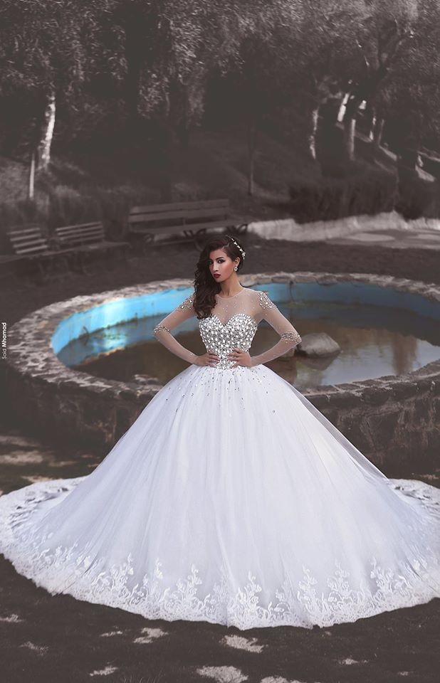 Crystals Tulle Lace Illusion Wedding Dress Long Sleeve Ball Gown
