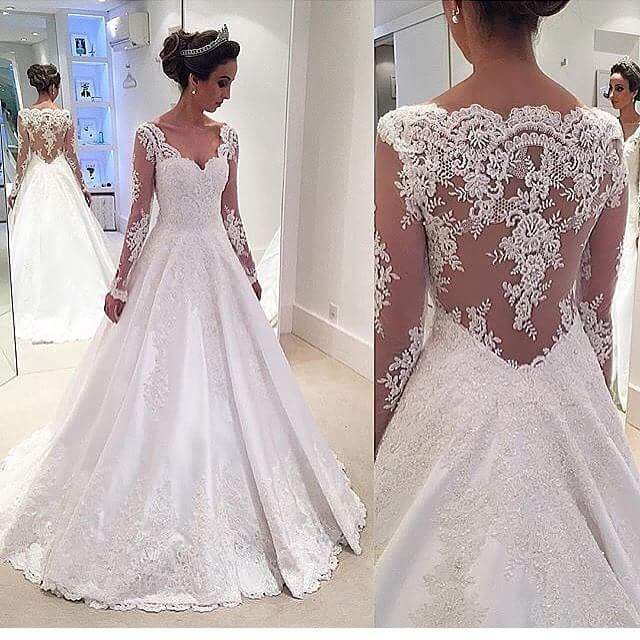Sheer Long-Sleeves Lace Appliques Elegant A-line Wedding Dresses UK