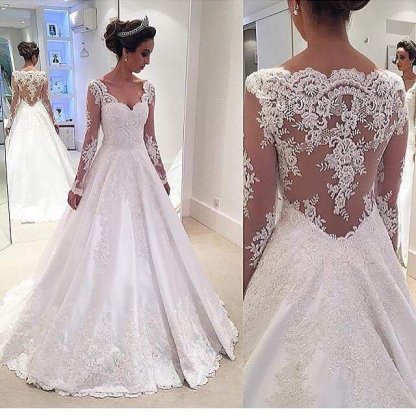 Sheer Long-Sleeves Lace Appliques Elegant A-line Wedding Dresses UK