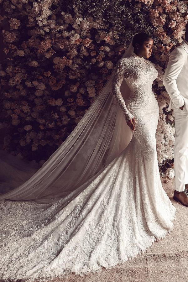 Gorgeous High Neck Floral Lace Mermaid Wedding Dresses with Sleeves Slim Bridal Gown