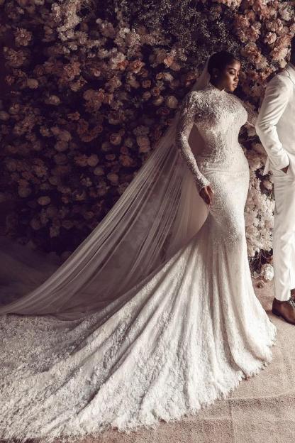 Gorgeous High Neck Floral Lace Mermaid Wedding Dresses with Sleeves Slim Bridal Gown