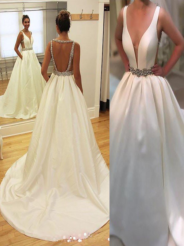 Satin Sleeveless A-Line V-neck Court Train Wedding Dresses UK