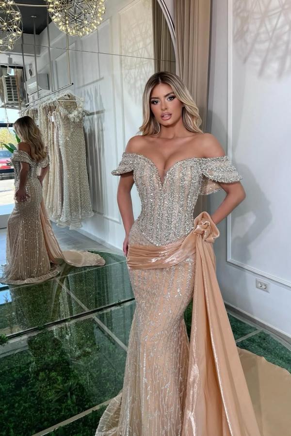 Gorgeous Off-the-shoulder Crystal Ruched Mermaid Prom Dresses