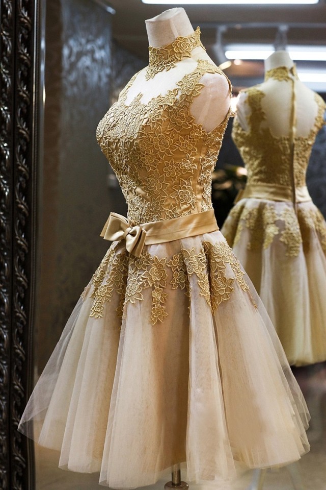 Luxury High Neck Sleeveless Golden Appliques Tulle Short Prom Dress UK