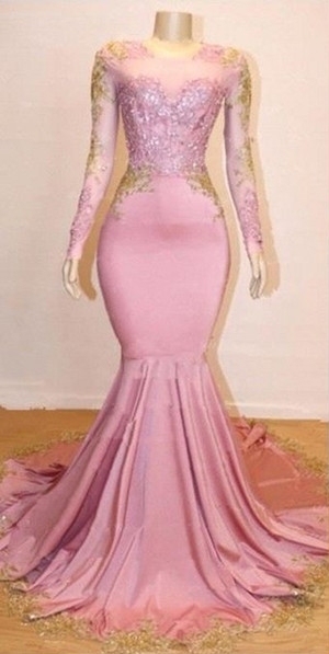 Sweet Pink Lace Appliques Long Sleeves Prom Dress UKes UK UK | Luxury Elegant Trumpt Evening Dress UKes UK