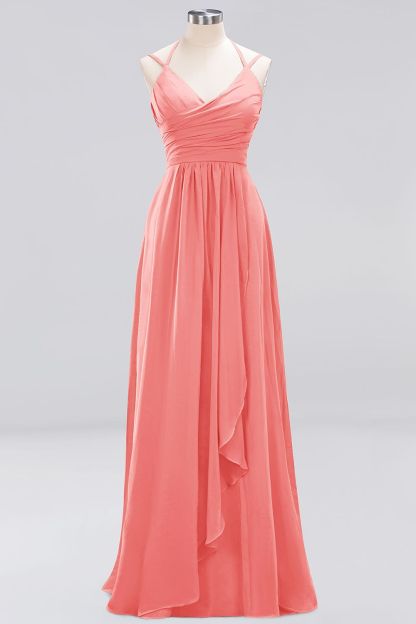 A-line Sleeveless Ruffles Chiffon Floor-Length Bridesmaid Dresses with Straps