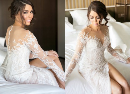 Sexy Mermaid Lace Appliques Wedding Dress Front Split Sweep Train