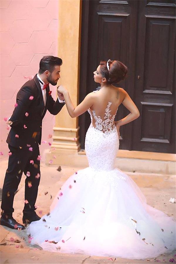 Fabulous Sweetheart Sexy Mermaid Wedding Dresses UK Beadss Tulle Lace Appliques