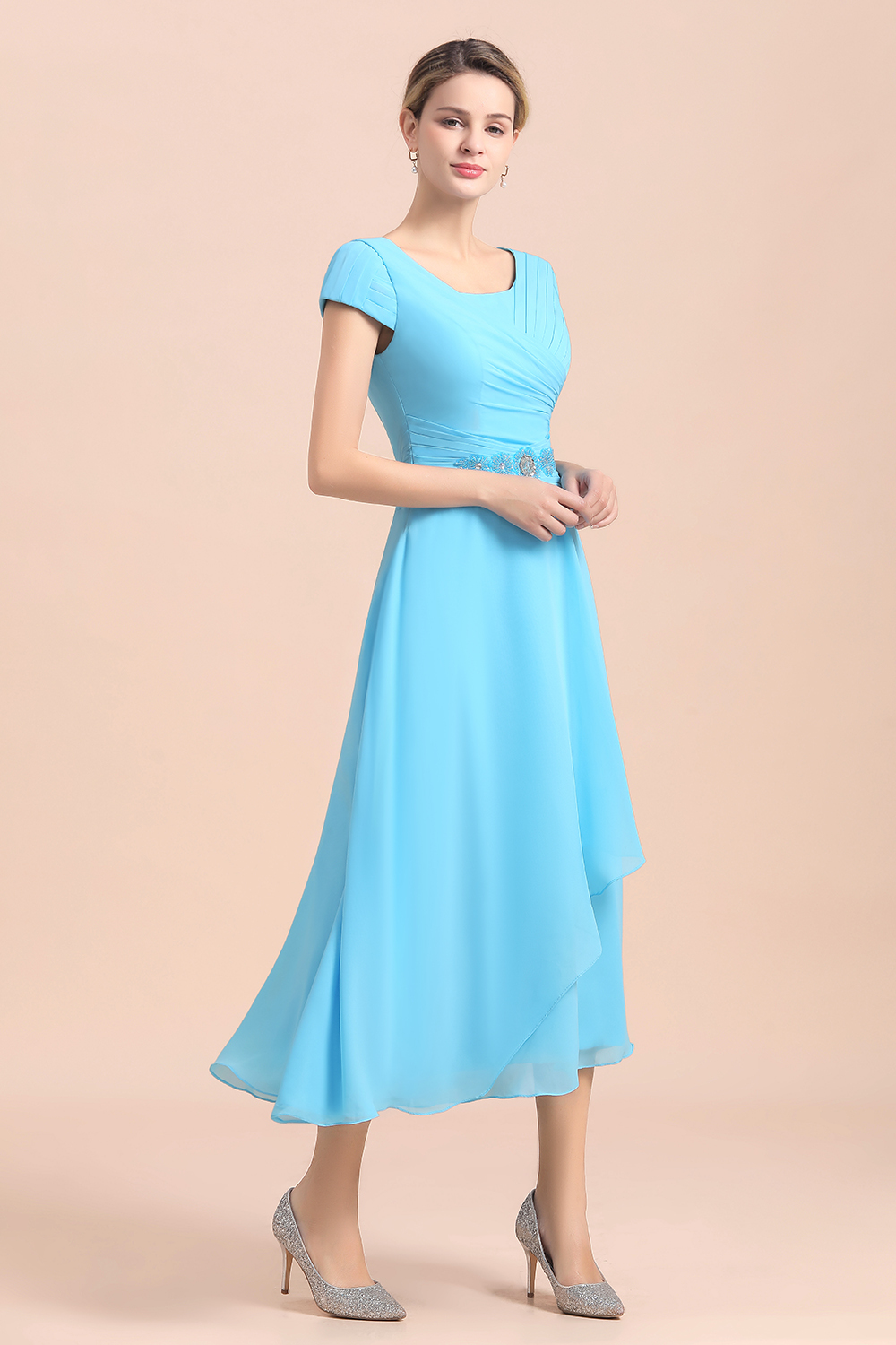Blue Short Sleeves Chiffon Tea-Length Weddig Guest Dress