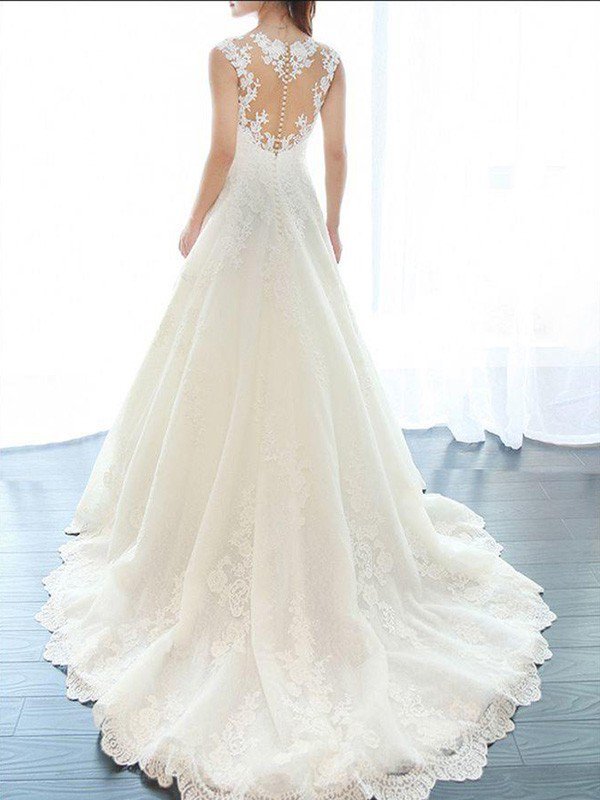 Court Train A-Line Lace V-Neck Applique Sleeveless Wedding Dresses UK