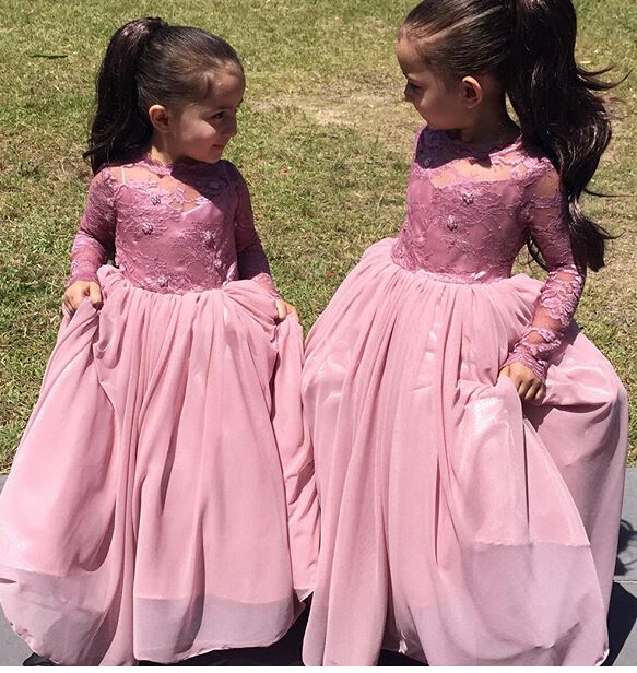 Modern Long Sleeve Appliques Pink Flower Girl Dress Floor-length
