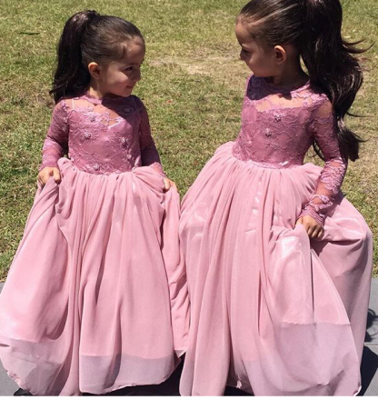Modern Long Sleeve Appliques Pink Flower Girl Dress Floor-length