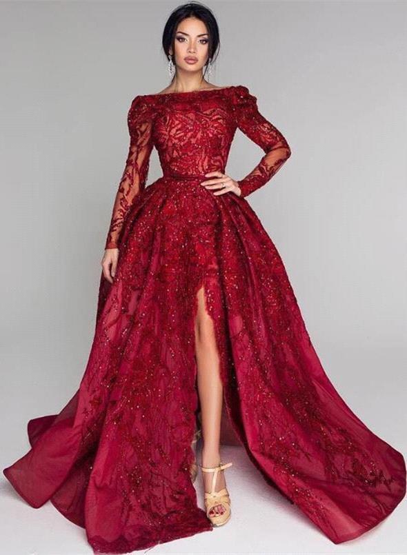 Ball Gown Backless Burgundy Beading Appliques Long Sleeves Formal Dresses-27Dress.co.uk