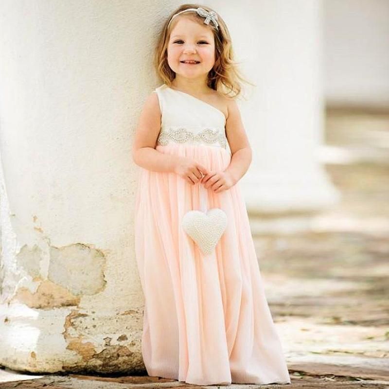 Delicate One Shoulder Chiffon Flower Girl Dress Pearls-27Dress.co.uk