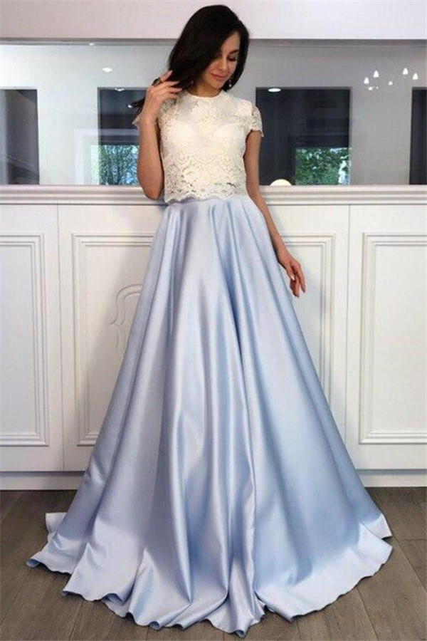 Lace Appliques Jewel Prom Dress UKes UK Two Piece Ruffles Sleeveless Evening Dress UKes UK