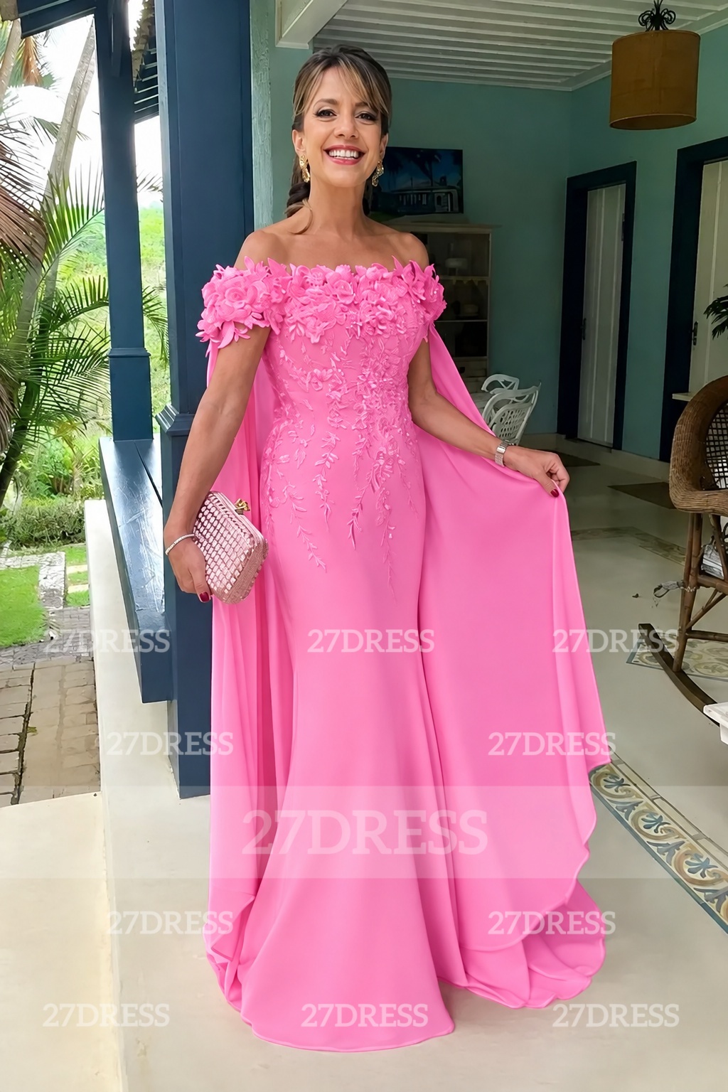 Off-the-Shoulder Pink Flowers Chiffon Mother of the Bride Dress Floor Length Wedding Guest Dress