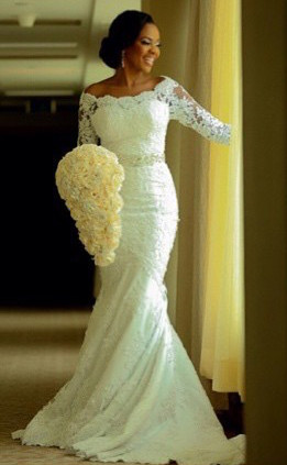 Elegant Half-Sleeve Lace Wedding Dress Sexy Mermaid Crystal Bow Back-27Dress.co.uk