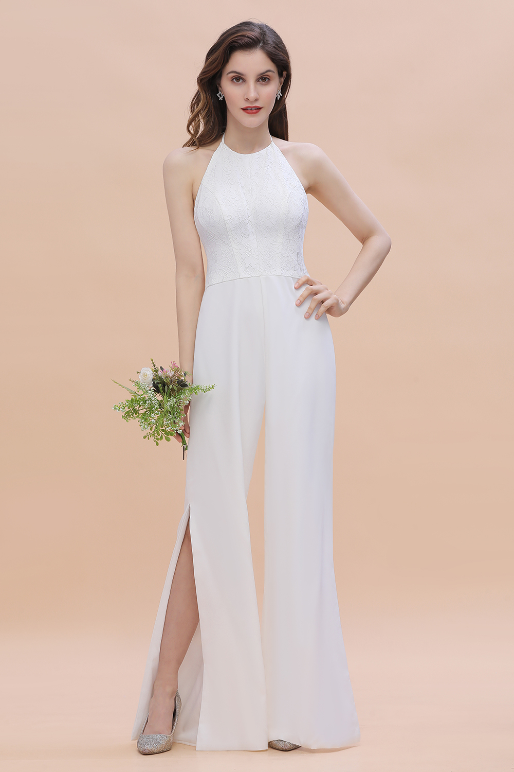 Halter Lace Long Bridesmaid Jumpsuit Side Slit Backless