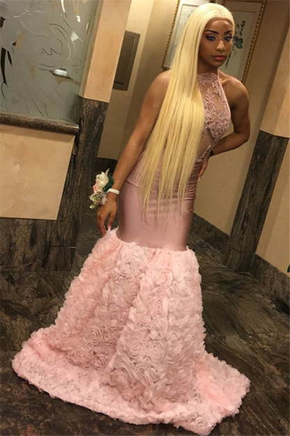 Pink Halter Lace Appliques Flower Prom Dress UKes UK Mermaid Lace Sleeveless Evening Dress UKes UK