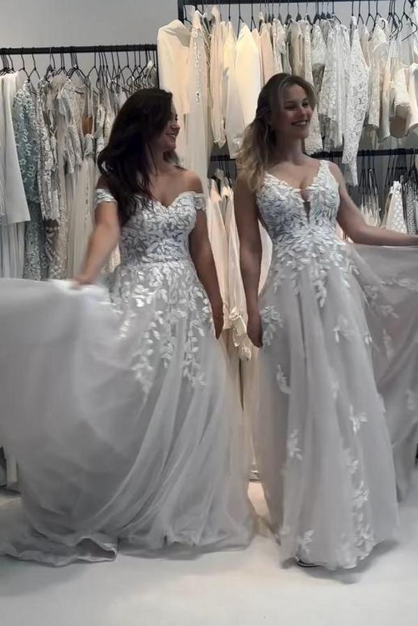 Modest Of-the-Shoulder White Tulle Aline Wedding Dress with Floral Appliques