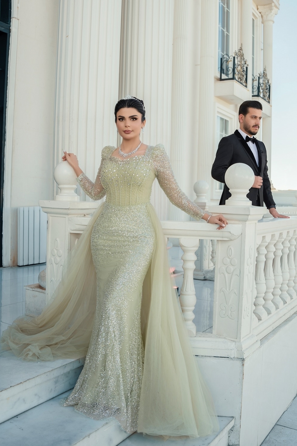 Square Neckline Tulle Sequins Long Sleeve Mermaid Wedding Dresses