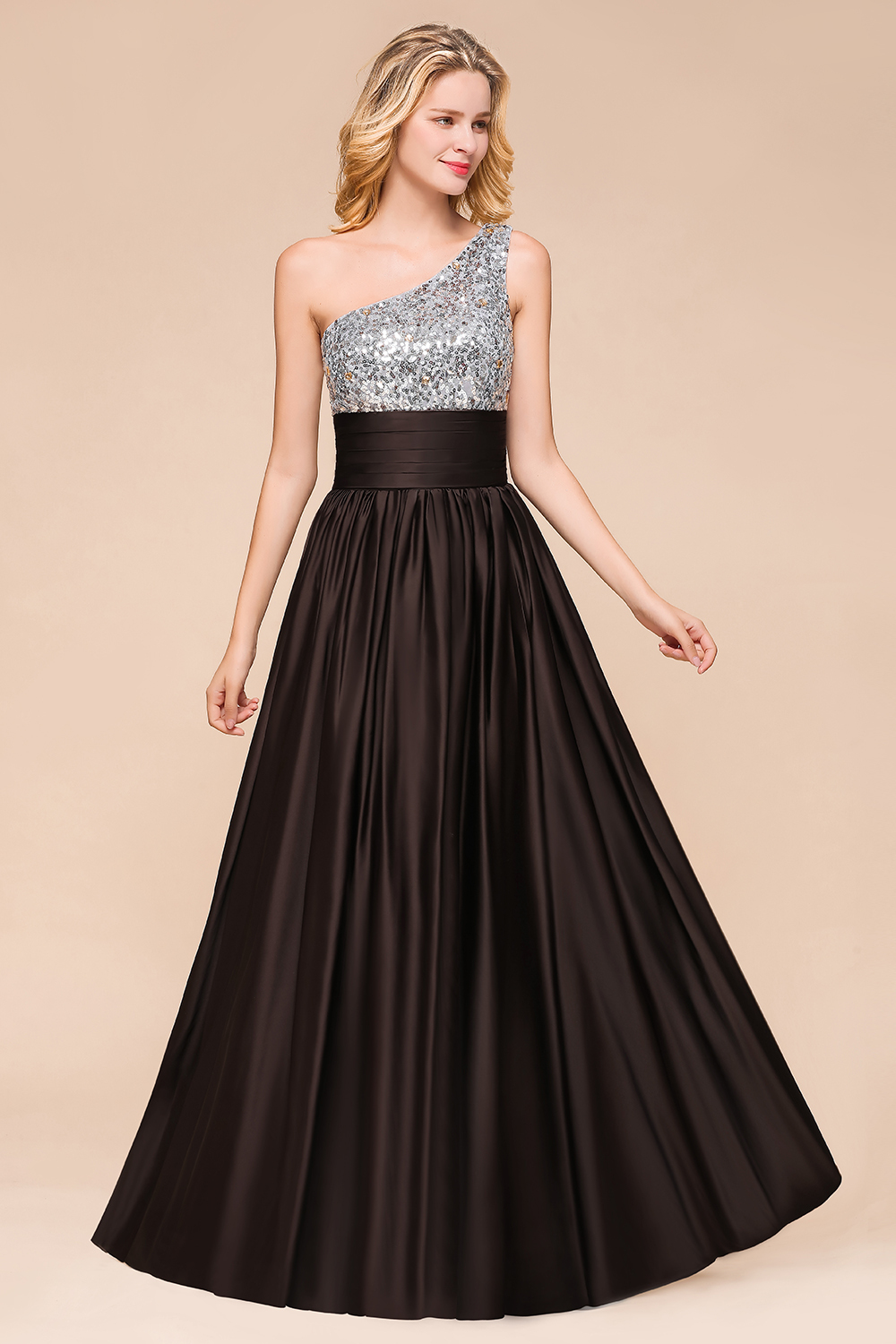 One Shoulder Glitter Seqions Long Bridesmaid Dress
