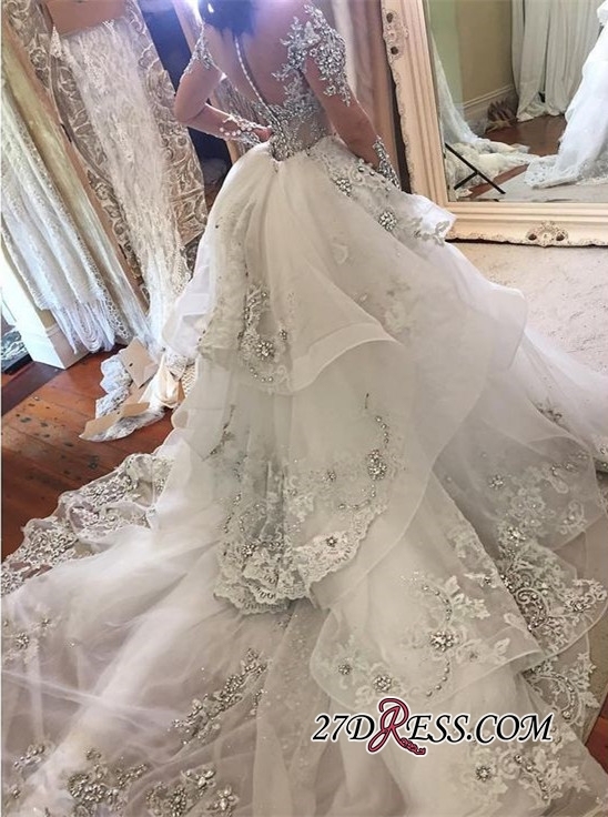 Appliques High-Neck Tulle Long-Sleeves Elegant Detachable-Train Wedding Dresses UK BA7171