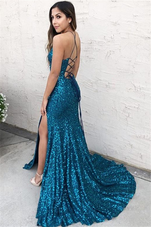 Gorgeous Blue Halter Sequins Side-Split Criss-Cross Elegant Mermaid Prom Dress UK UK