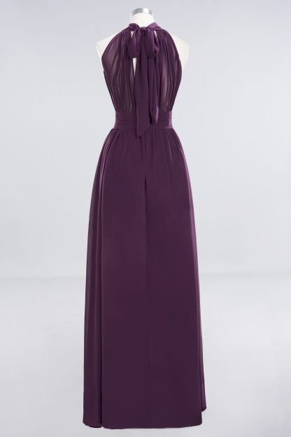 Gorgeous Grape Halter Long Bridesmaid Dress Ruffle Chiffon Wedding Guest Dress