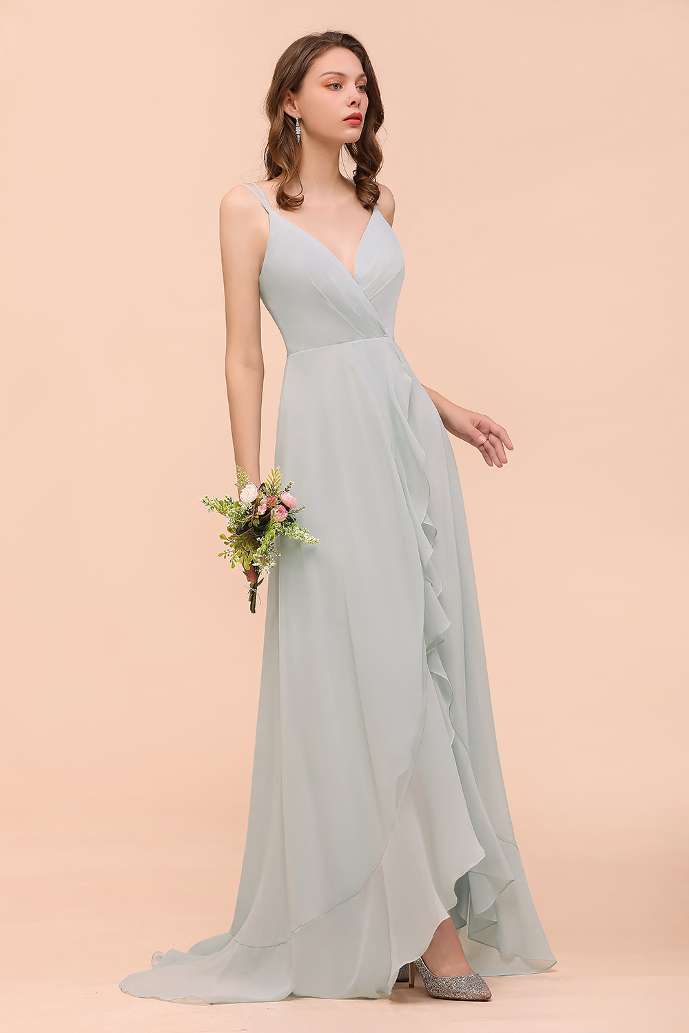 Elegant Mist Bridesmaid Dress Affordable V-Neck Straps Long Evening Dress