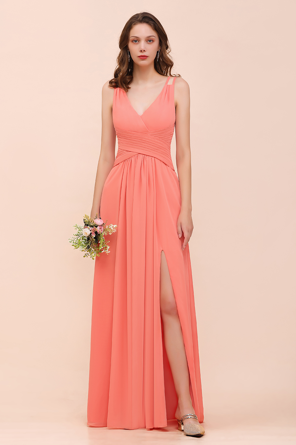 Elegant Coral A-line Side Split Bridesmaid Dress Sleeveless Long Chiffon Wedding Guest Dress