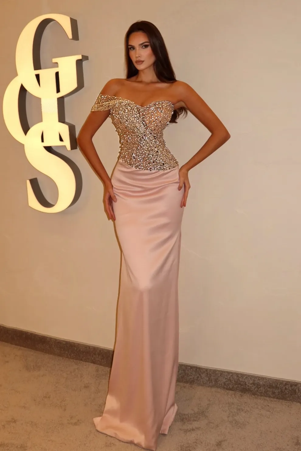 Asymmetric Glitter Beadings Mermaid Prom Dress Satin Long Evening Dress