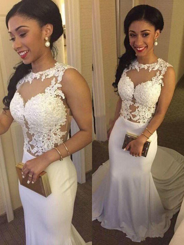 Court Train Satin Sexy Mermaid Scoop Neckline Sleeveless Applique Wedding Dresses UK