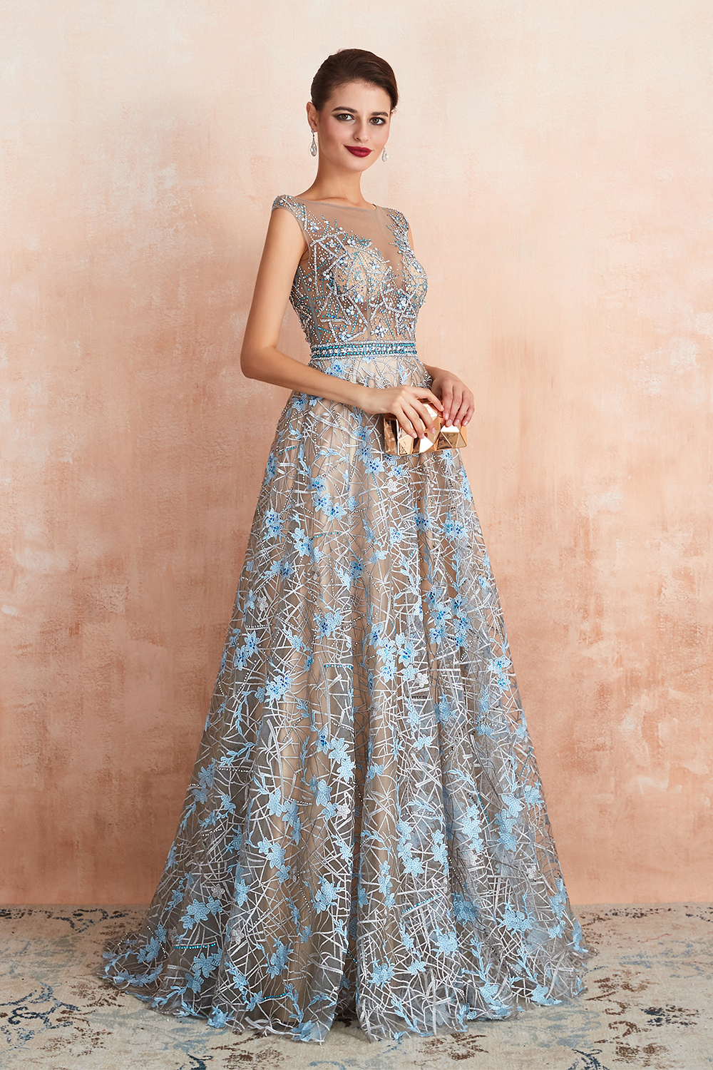Charming Scoop Neck Cap Sleeves Flower Aline Evening Dress Beadings Floor Length Special Occasion Dress