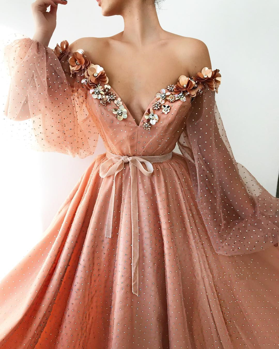 Sexy Off the Shoulder V-Neck Long Evening Dress UK | Cheap Tulle Beaded Long Sleeve Prom Dress