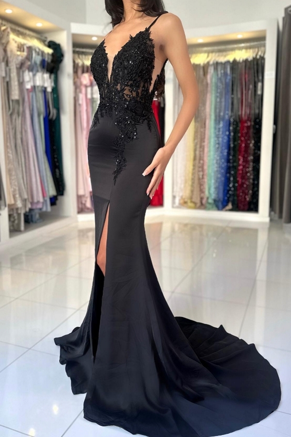 Black Sleeveless Trumpet Evening Dress Glitter Front Slit Prom Dress with Beadings