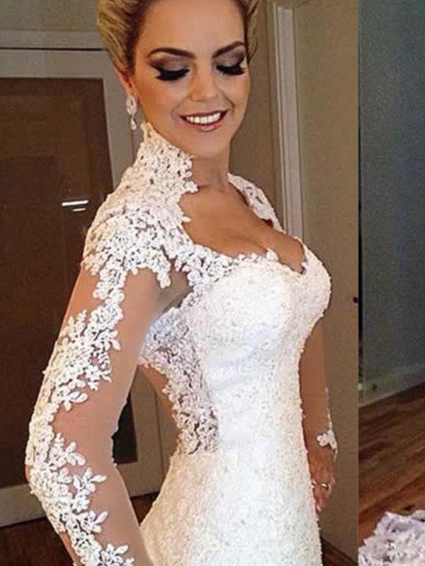 V-Neck Sweep Train Applique Lace Sexy Mermaid Long Sleeves Wedding Dresses UK-27Dress.co.uk