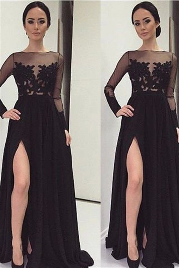 Black Long Sleeve Prom Dress UKes UKLace Bateau Side Slit Tulle Evening Dress UKes UK