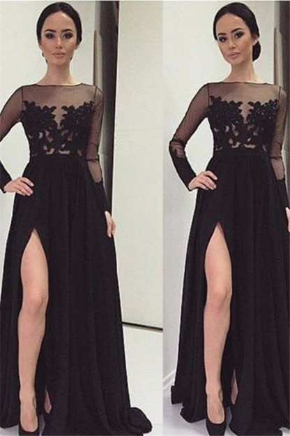 Black Long Sleeve Prom Dress UKes UKLace Bateau Side Slit Tulle Evening Dress UKes UK