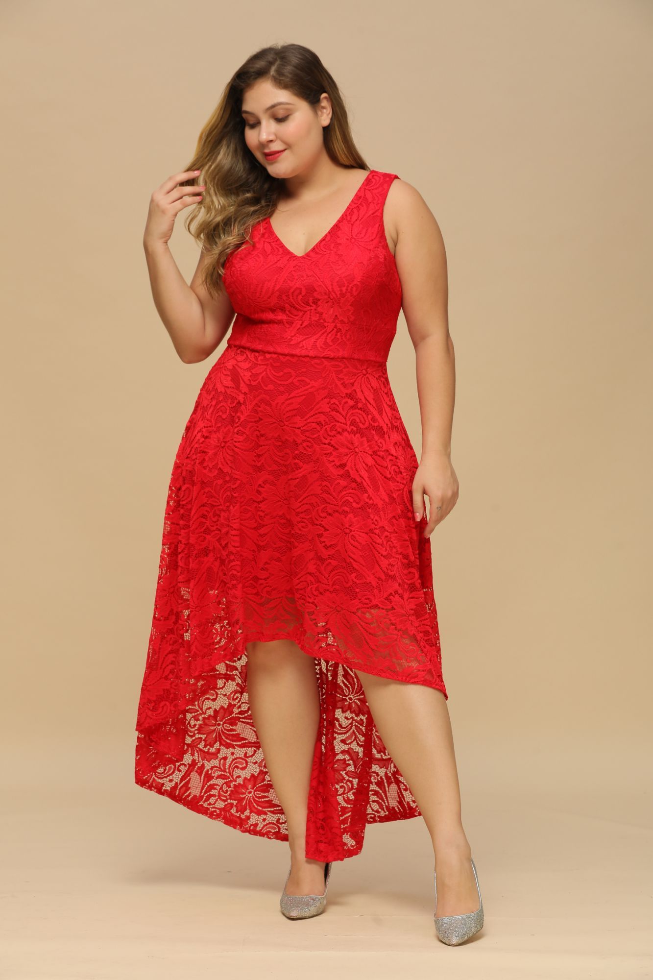 Aline Floral Lace Hi-Lo Formal Dress Sleeveless V-Neck Party Dress