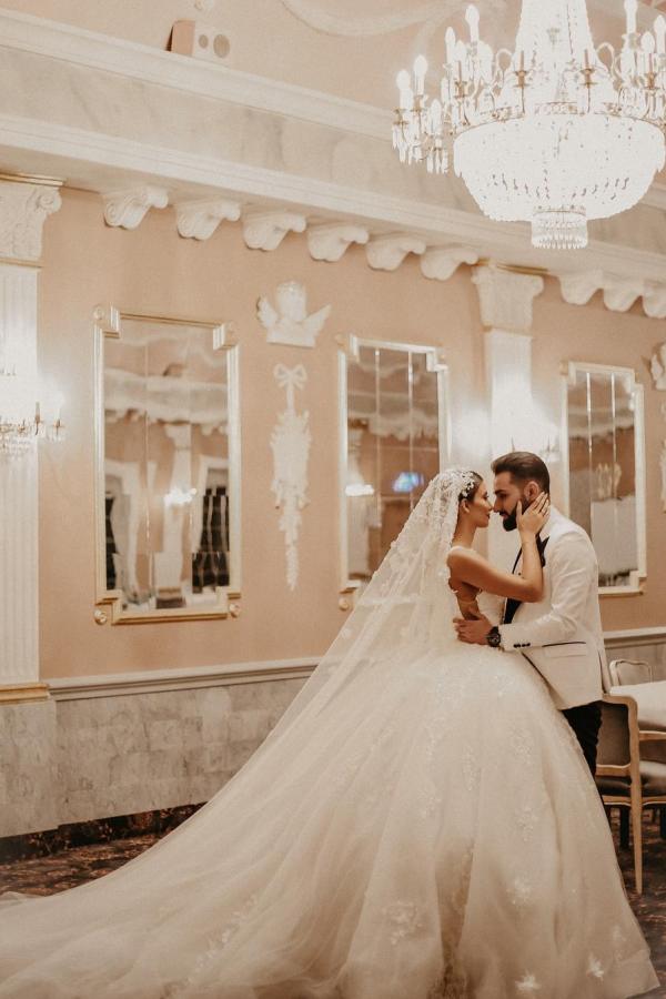 Luxury Deep Double V-Neck White Ball Gown Sleeveless Tulle Lace Bridal Gown with Straps