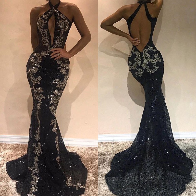 Gorgeous Halter Black Evening Dress UK | Mermaid Sequins Prom Dress UK With Appliques